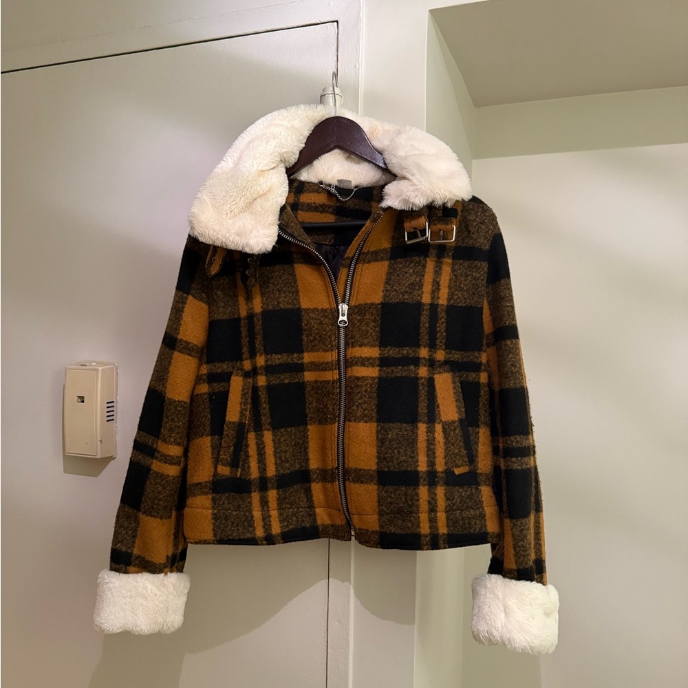 Fur and plaid bomber jacket